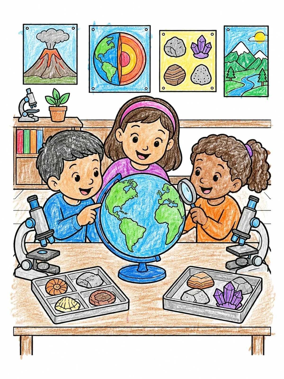 Colored example of the Kids Exploring Earth Science In Classroom coloring page