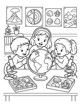 Free printable Kids Exploring Earth Science In Classroom coloring page