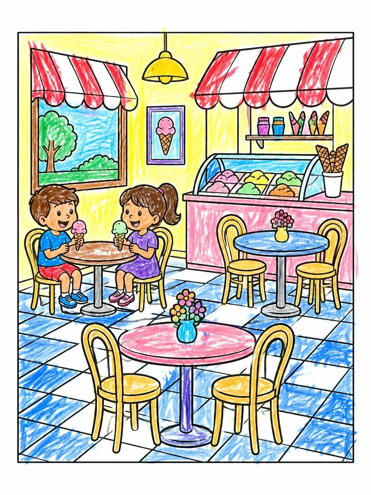 Colored example of the Kids Eating In Ice Cream Parlor coloring page