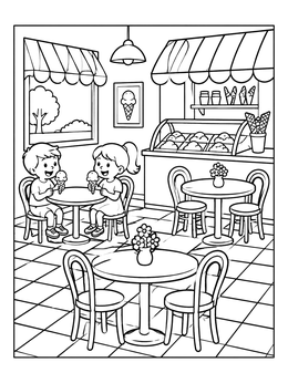 Two happy kids eating cones inside a cozy parlor on this ice cream coloring page.