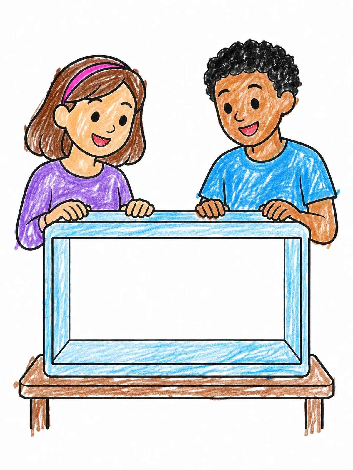 Colored example of the Kids Beside An Empty Fish Tank coloring page