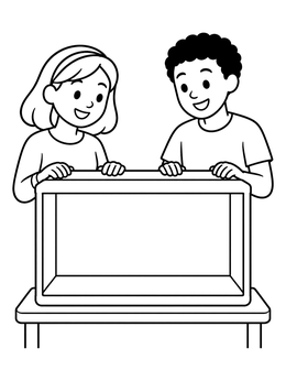 Free printable Kids Beside An Empty Fish Tank coloring page