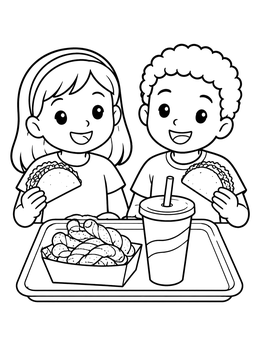 Kids sharing a meal on this taco coloring page with snacks and a drink.