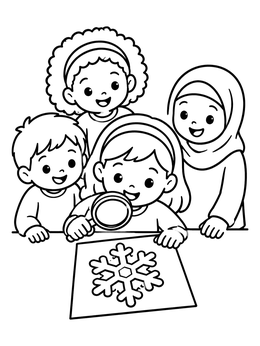 Children study a drawing with a magnifying glass on this snowflake coloring page.