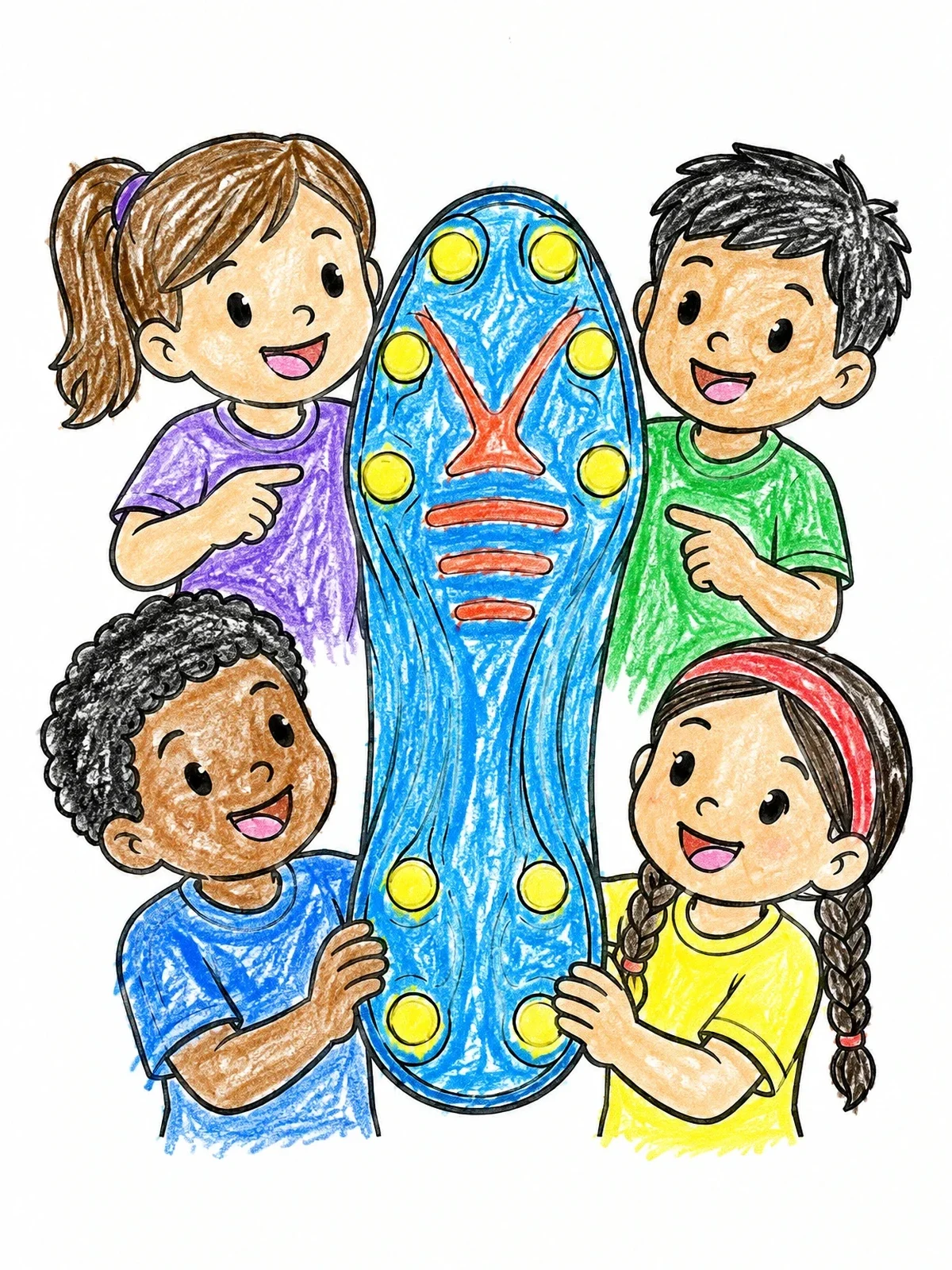 Colored example of the Kids Examining A Soccer Cleat Sole coloring page