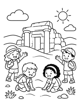 Four children exploring stone ruins in this desert coloring page under a bright sun.