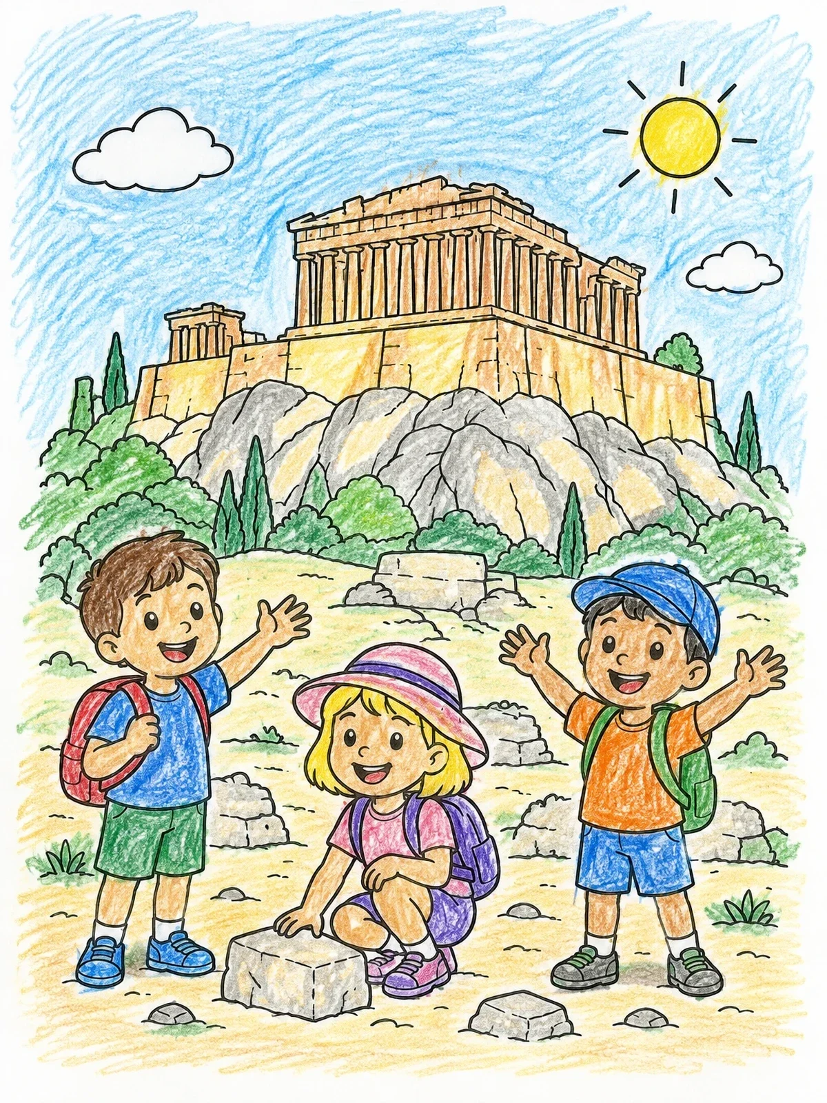 Colored example of the Kids Exploring The Ancient Parthenon coloring page