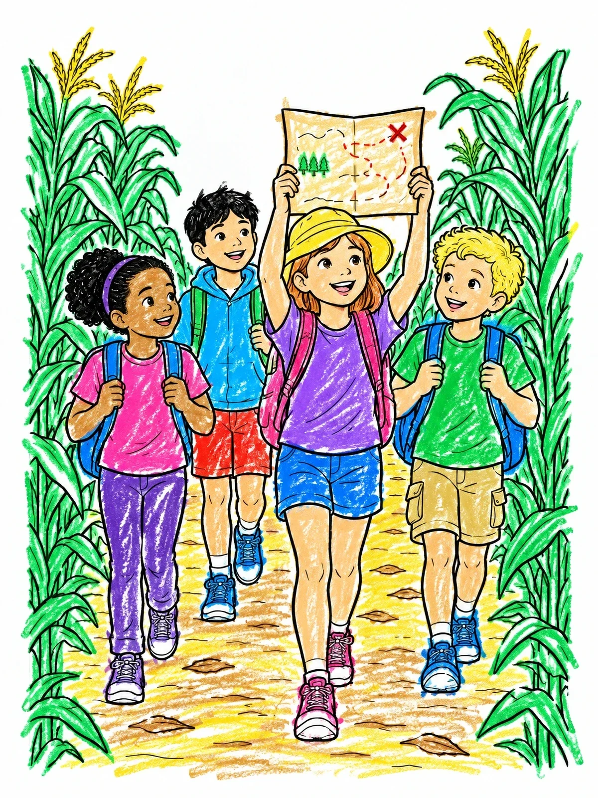 Colored example of the Kids Exploring A Corn Maze coloring page
