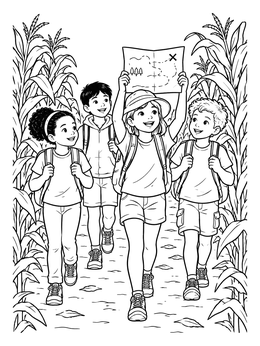Free printable Kids Exploring A Corn Maze coloring page