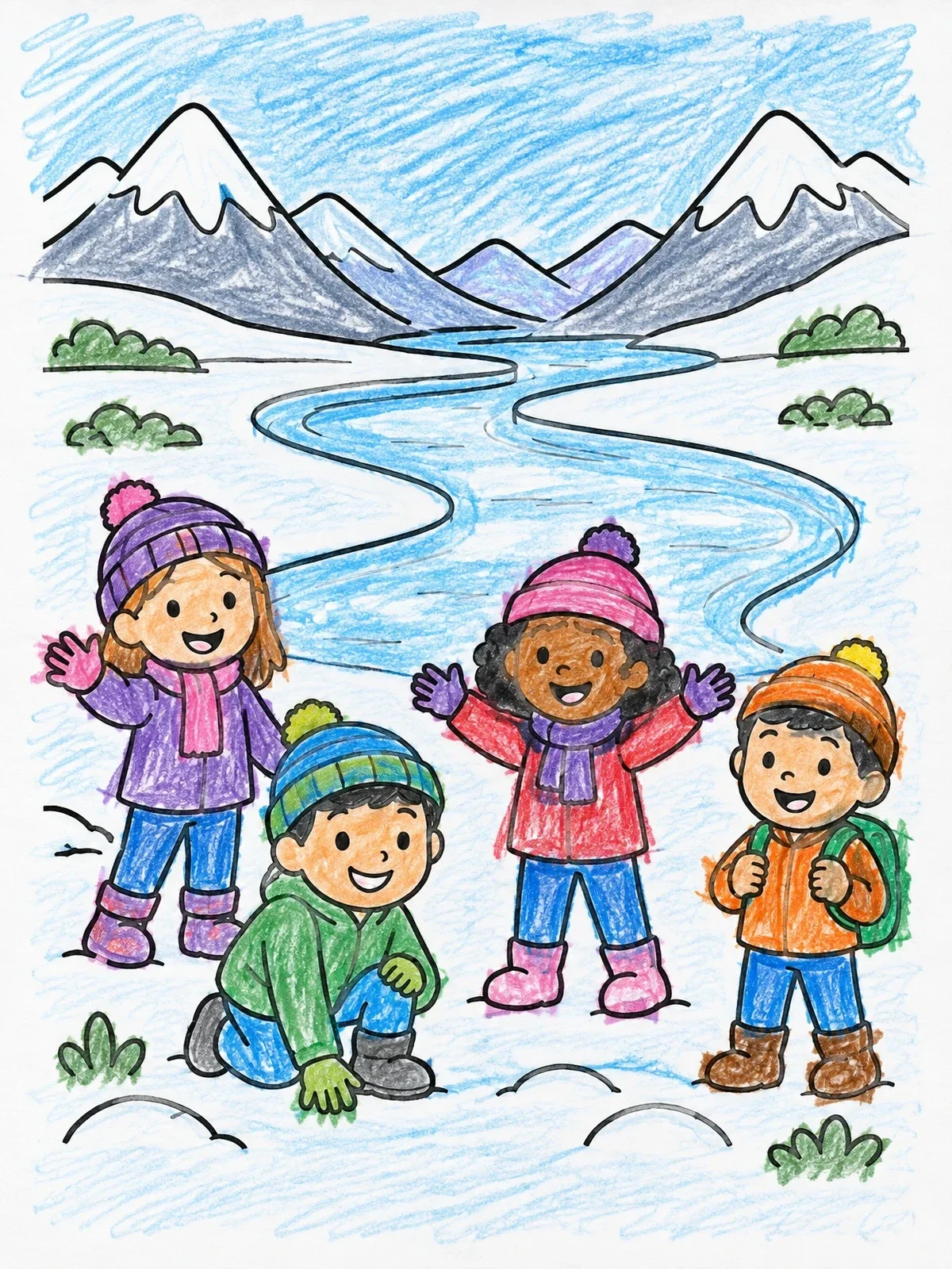 Colored example of the Kids Exploring The Frozen Tundra coloring page