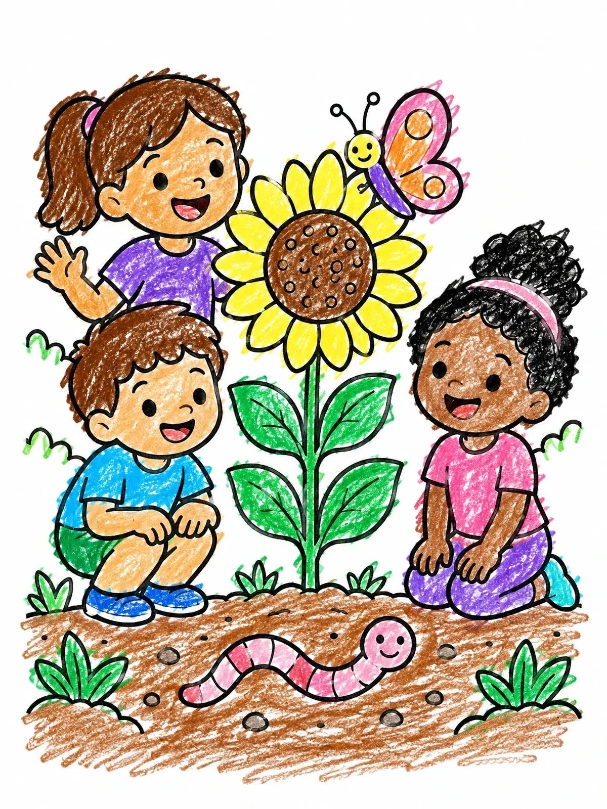 Colored example of the Children Exploring A Garden Sunflower coloring page