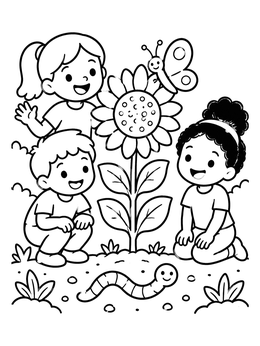 Free printable Children Exploring A Garden Sunflower coloring page