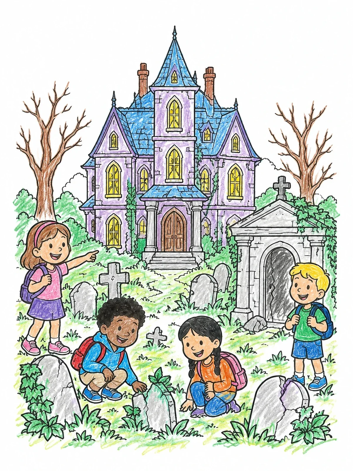Colored example of the Children Exploring Haunted Gothic Mansion coloring page