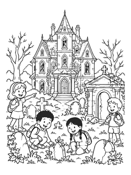 Free printable Children Exploring Haunted Gothic Mansion coloring page