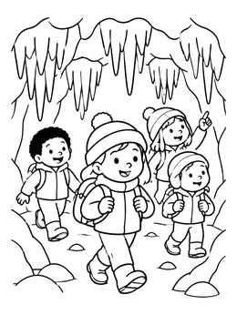 Children hike under hanging ice in this icicle coloring page.