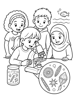 Free printable Kids Exploring Marine Phytoplankton Under Microscope coloring page