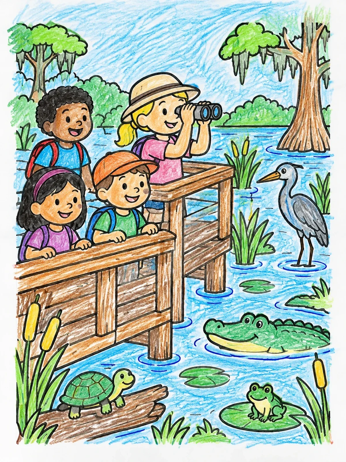 Colored example of the Kids Exploring The Swamp Boardwalk coloring page