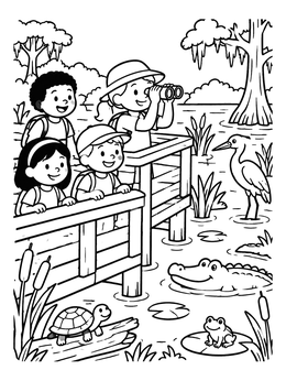 Free printable Kids Exploring The Swamp Boardwalk coloring page