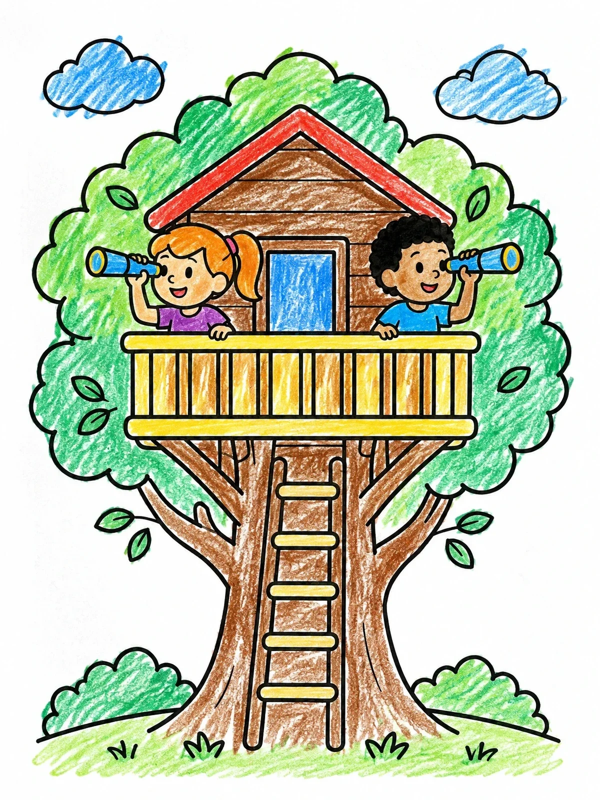Colored example of the Kids Exploring From A Tree House coloring page