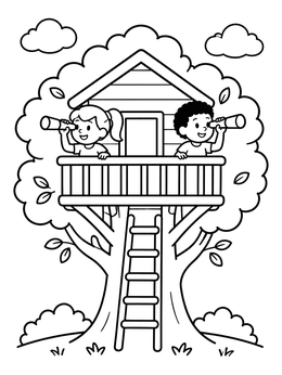 Free printable Kids Exploring From A Tree House coloring page