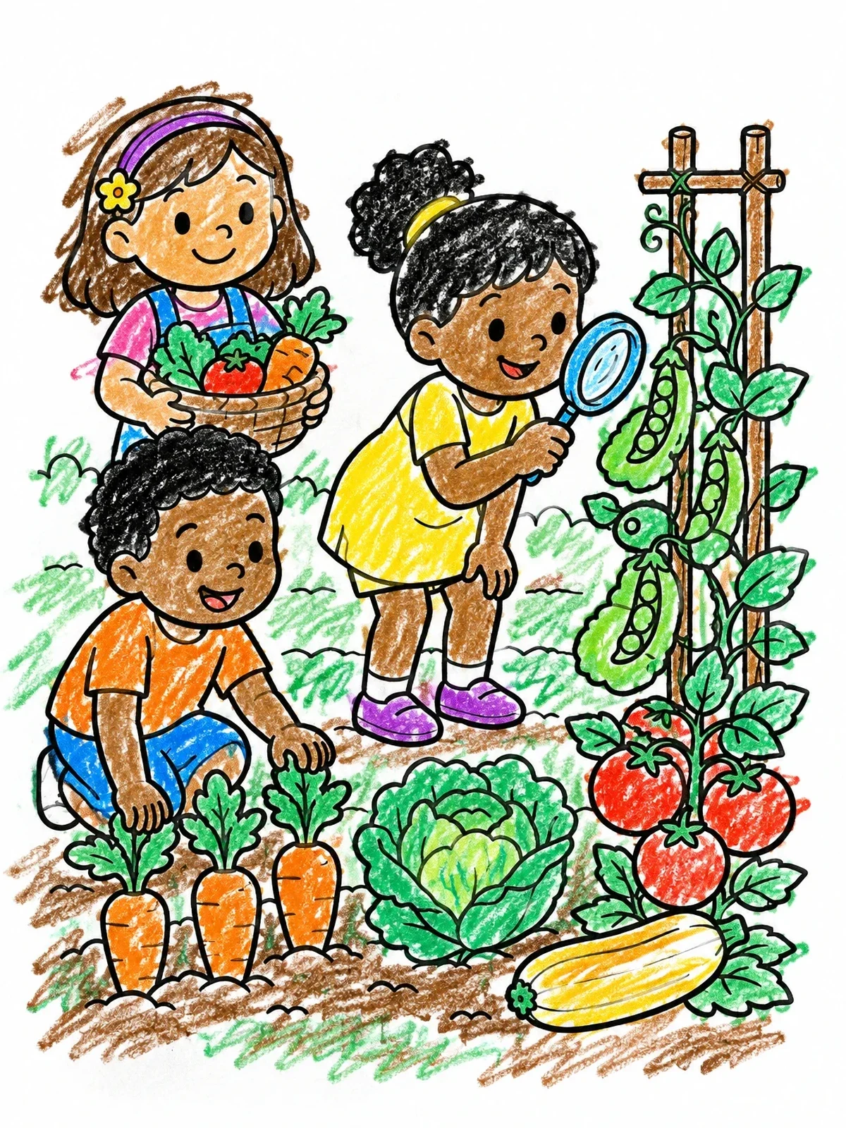 Colored example of the Children Exploring The Vegetable Garden coloring page