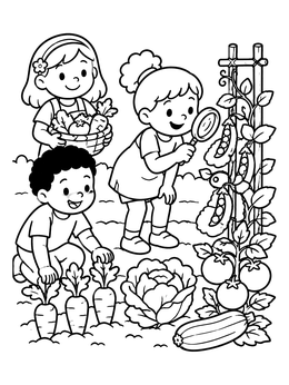 Kids inspecting garden plants in this cheerful vegetable coloring page.