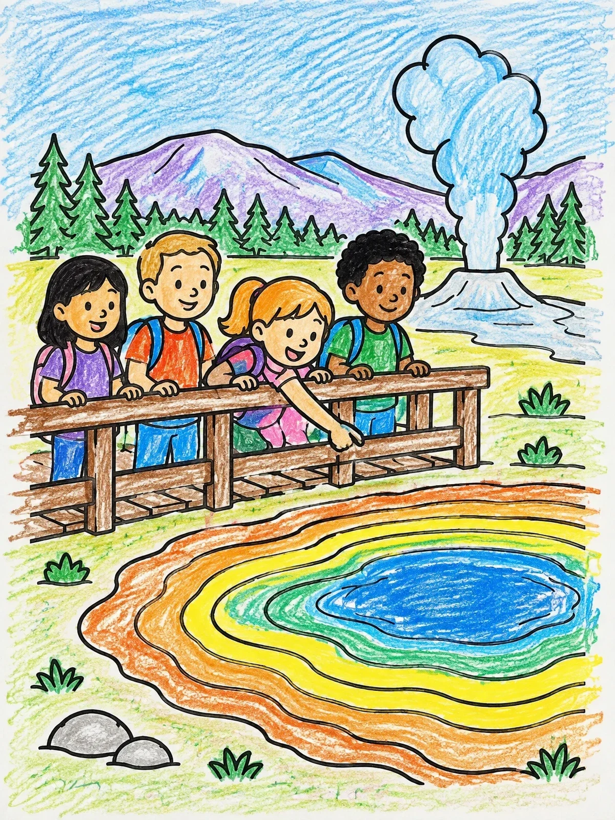 Colored example of the Kids Exploring Yellowstone Geysers coloring page