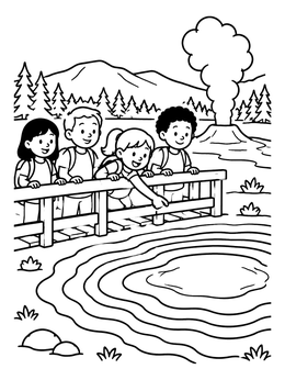 Free printable Kids Exploring Yellowstone Geysers coloring page