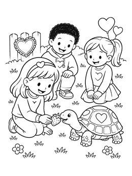 Free printable Children Feeding A Valentine Turtle coloring page