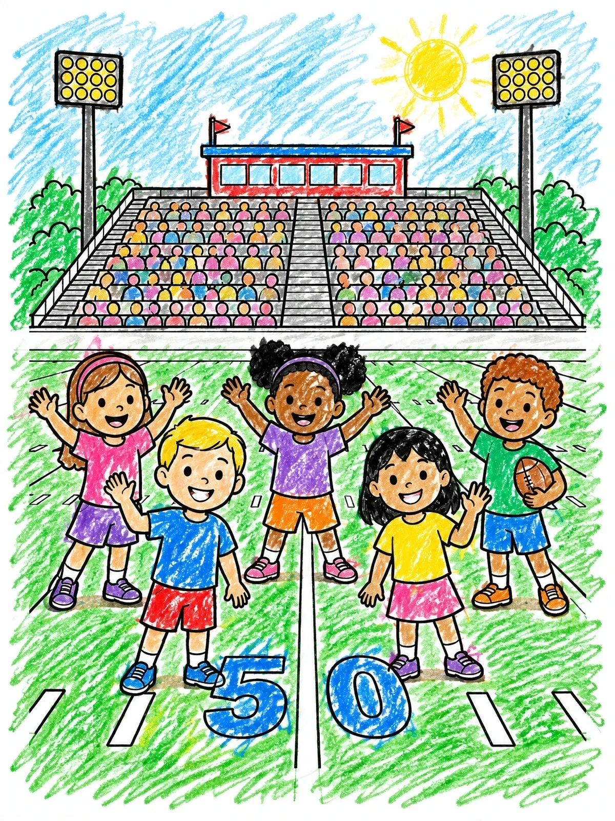 Colored example of the Kids On The Fifty Yard Line coloring page