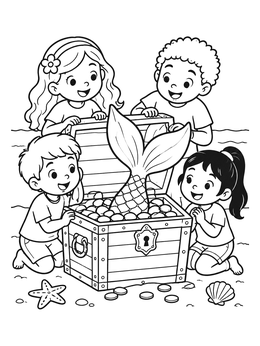 Kids discover a magical mermaid coloring page tail inside a treasure chest on the beach.