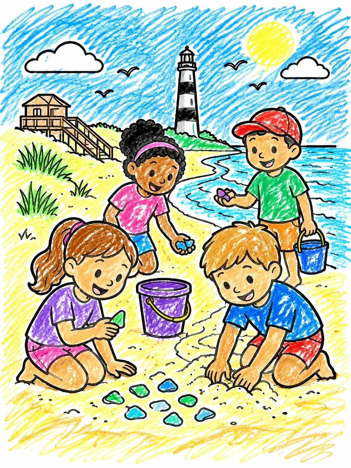 Colored example of the Children Finding Shells By The Lighthouse coloring page