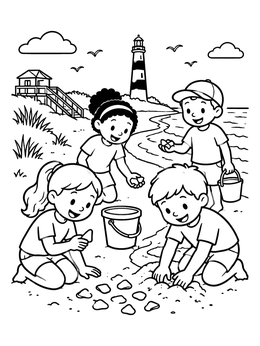 Kids finding sea glass in this outer banks coloring page with a coastal lighthouse.