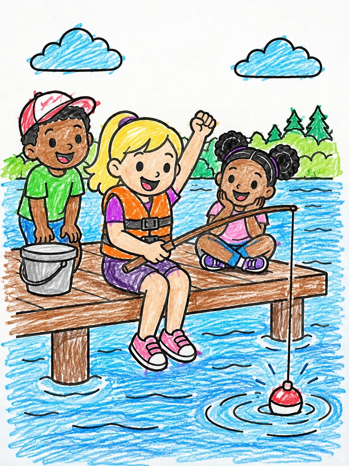 Colored example of the Excited Kids Fishing From A Wooden Dock coloring page
