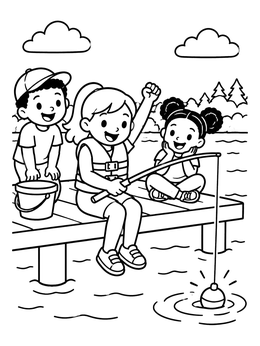 Free printable Excited Kids Fishing From A Wooden Dock coloring page