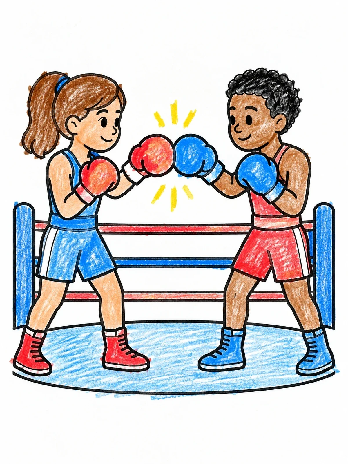 Colored example of the Kids Fist Bumping In Boxing Ring coloring page