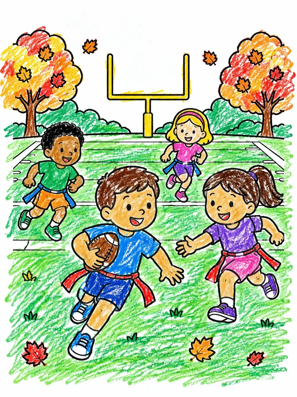 Colored example of the Kids Playing Flag Football In Autumn coloring page