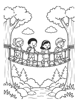 Free printable Children Crossing Forest Suspension Bridge coloring page