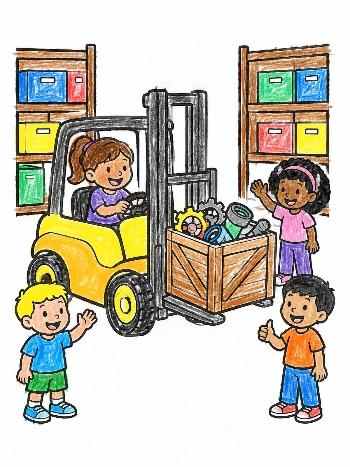 Colored example of the Kids With Forklift In Warehouse coloring page