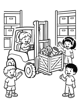 Free printable Kids With Forklift In Warehouse coloring page