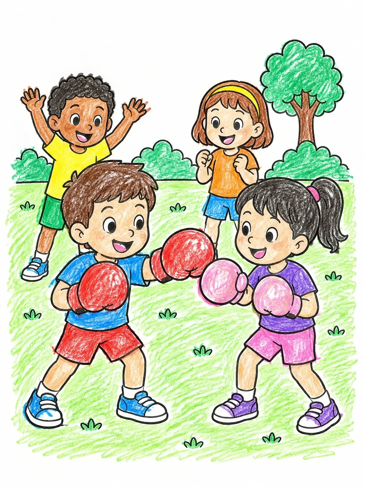 Colored example of the Kids Friendly Boxing Match coloring page