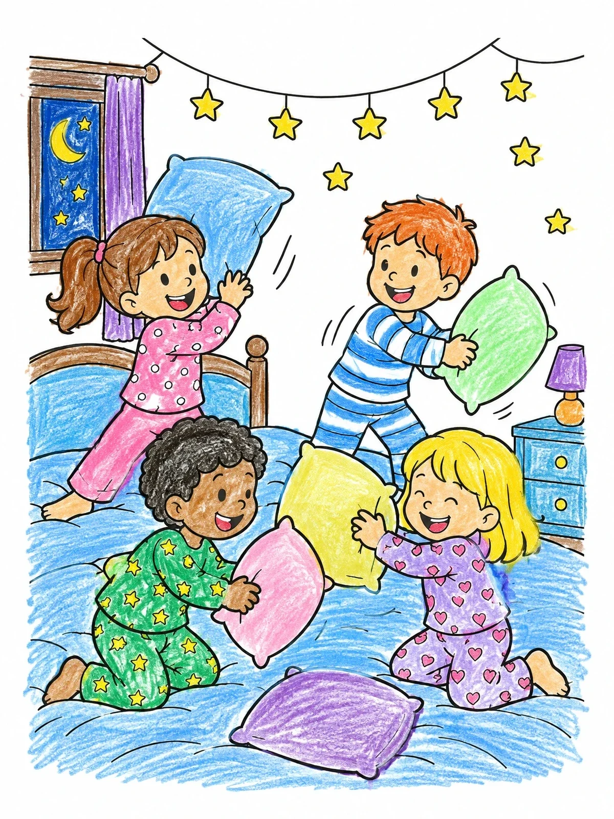 Colored example of the Kids Fun Pillow Fight Sleepover coloring page