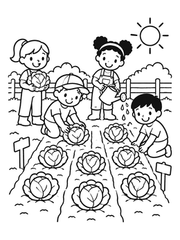 Free printable Kids Gardening In Cabbage Patch coloring page