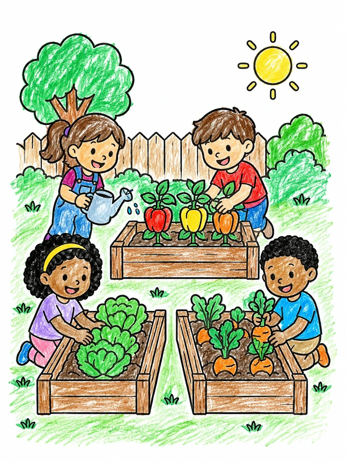 Colored example of the Children Gardening In Raised Vegetable Beds coloring page