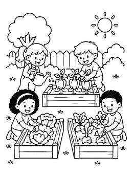 Free printable Children Gardening In Raised Vegetable Beds coloring page