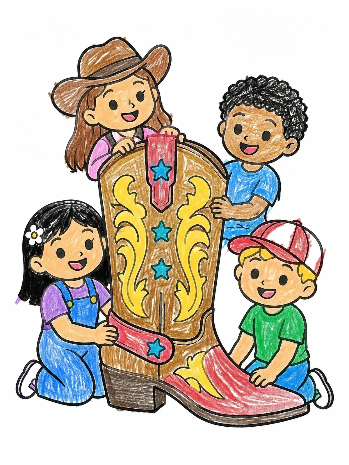 Colored example of the Children Around A Giant Cowboy Boot coloring page