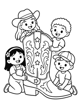 Happy kids gathered around a giant boot in this cowboy coloring page.