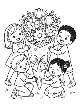 Kids holding a giant flower cone on this happy flower coloring page.