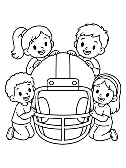 Free printable Happy Kids Around Giant Football Helmet coloring page