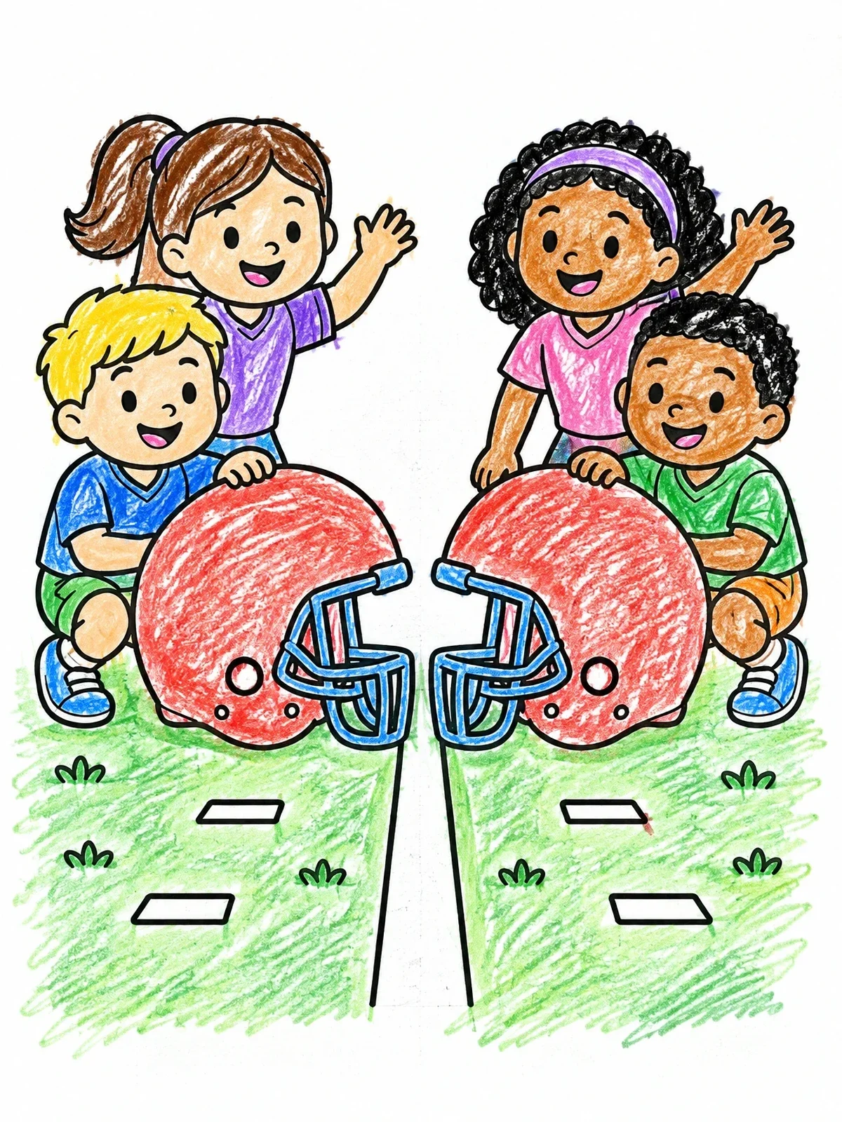 Colored example of the Kids With Giant Football Helmets coloring page